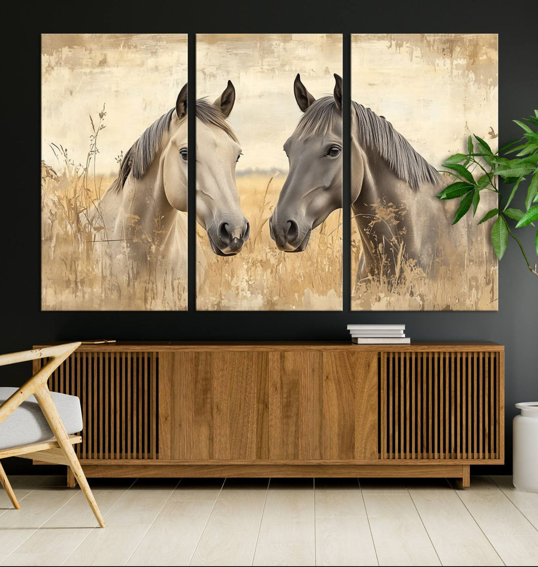 The "Chinese Ink Style Grunge Horses Wall Art Canvas Print," featuring two horses in a field, hangs prominently, highlighting its museum-quality canvas and high-resolution printing.