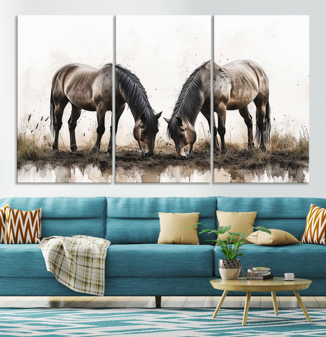 A Chinese Ink Style Horses Wall Art Canvas Print featuring two horses grazing is displayed in a modern setting.