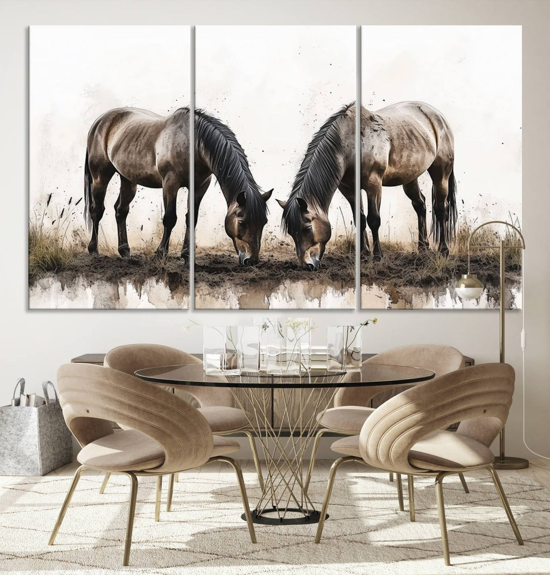 A Chinese Ink Style Horses Wall Art Canvas Print featuring two horses grazing is displayed in a modern setting.