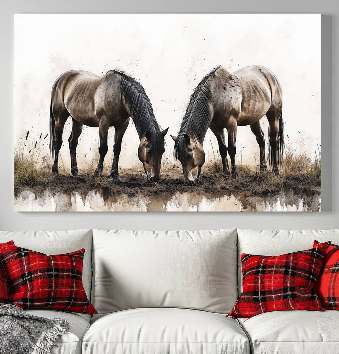 A Chinese Ink Style Horses Wall Art Canvas Print featuring two horses grazing is displayed in a modern setting.