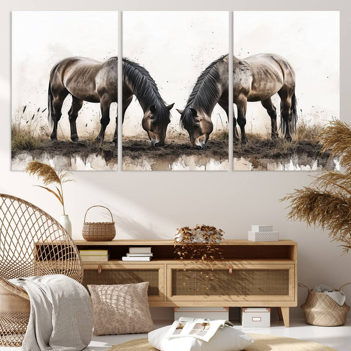 A Chinese Ink Style Horses Wall Art Canvas Print featuring two horses grazing is displayed in a modern setting.