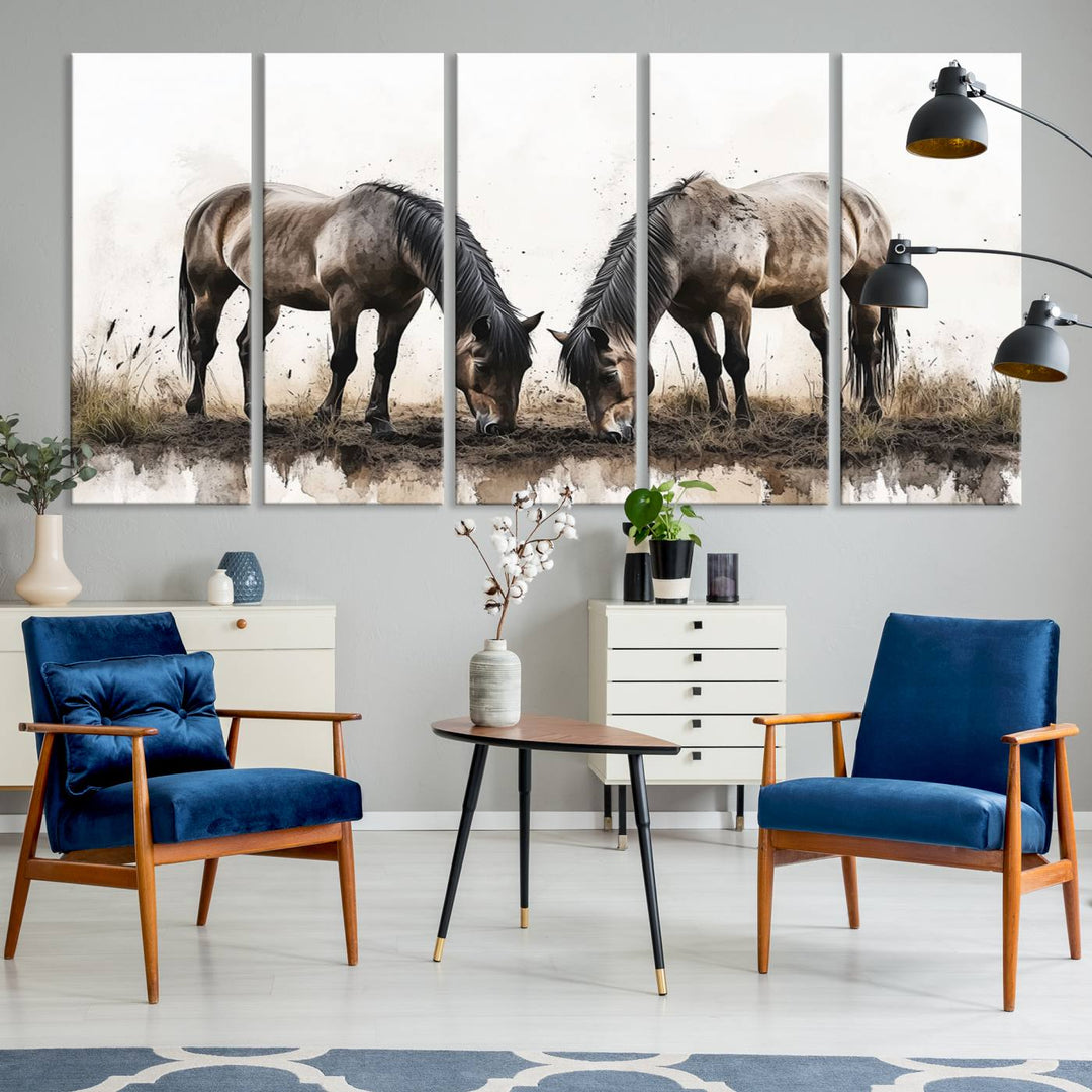 A Chinese Ink Style Horses Wall Art Canvas Print featuring two horses grazing is displayed in a modern setting.