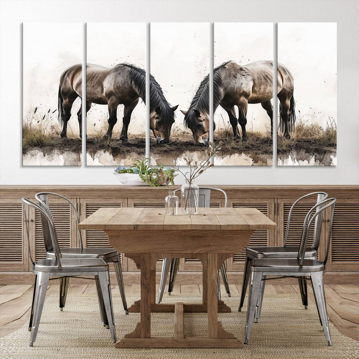 A Chinese Ink Style Horses Wall Art Canvas Print featuring two horses grazing is displayed in a modern setting.