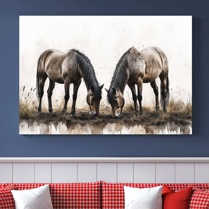 A Chinese Ink Style Horses Wall Art Canvas Print featuring two horses grazing is displayed in a modern setting.