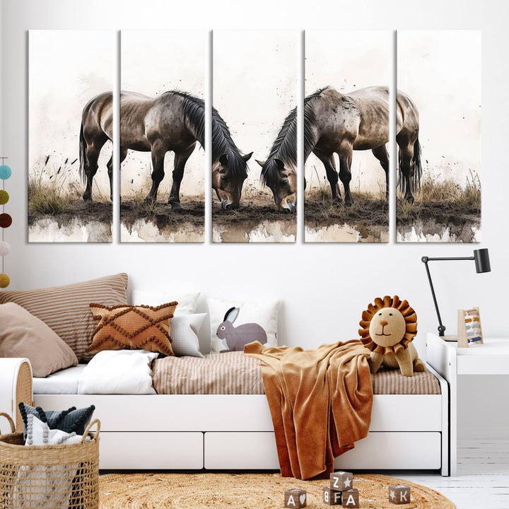 A Chinese Ink Style Horses Wall Art Canvas Print featuring two horses grazing is displayed in a modern setting.