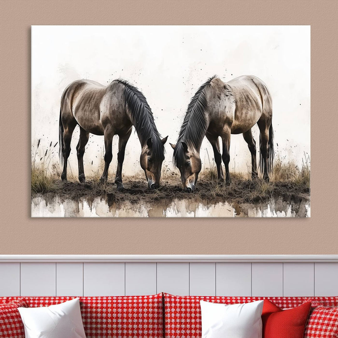 A Chinese Ink Style Horses Wall Art Canvas Print featuring two horses grazing is displayed in a modern setting.