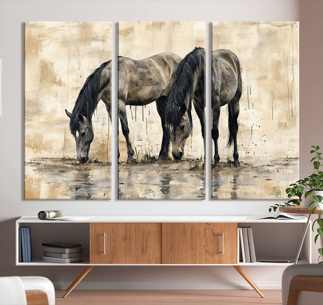 Abstract Black Horses wall art canvas print displayed in a modern room.