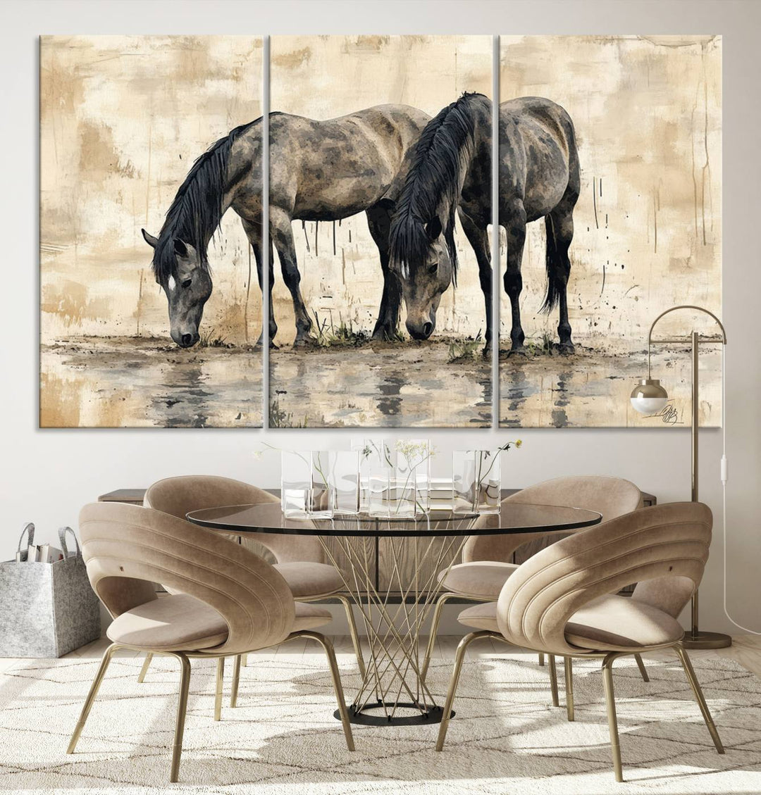 Abstract Black Horses wall art canvas print displayed in a modern room.