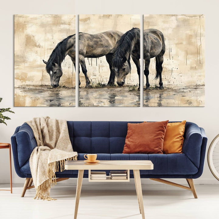 Abstract Black Horses wall art canvas print displayed in a modern room.