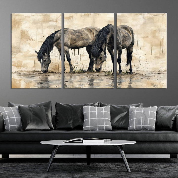 Abstract Black Horses wall art canvas print displayed in a modern room.