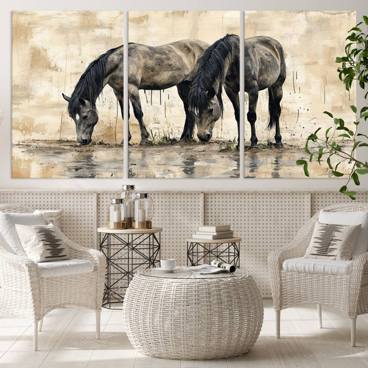 Abstract Black Horses wall art canvas print displayed in a modern room.