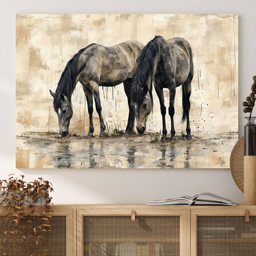 Abstract Black Horses wall art canvas print displayed in a modern room.