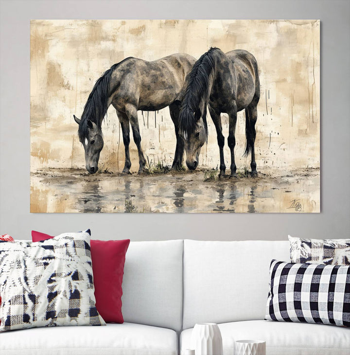 Abstract Black Horses wall art canvas print displayed in a modern room.