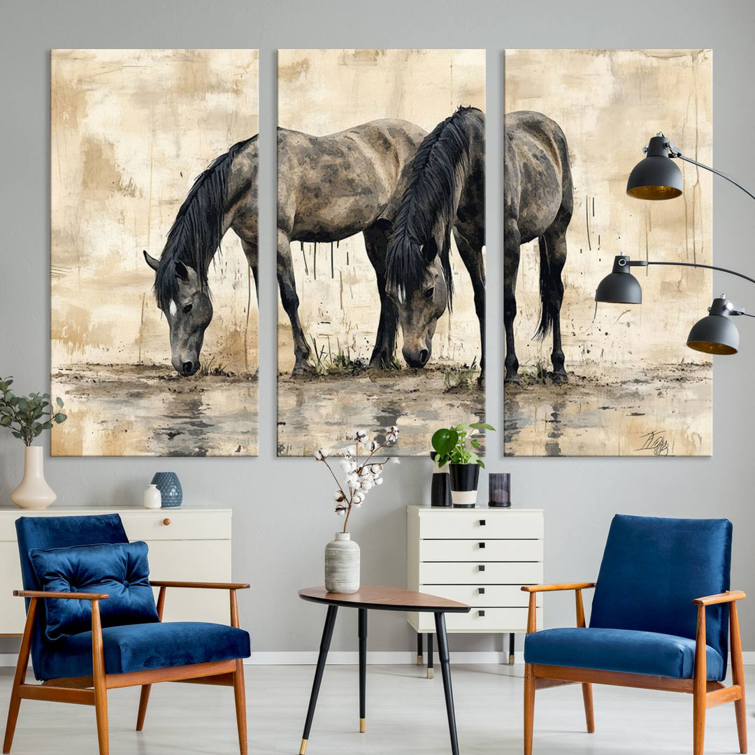 Abstract Black Horses wall art canvas print displayed in a modern room.