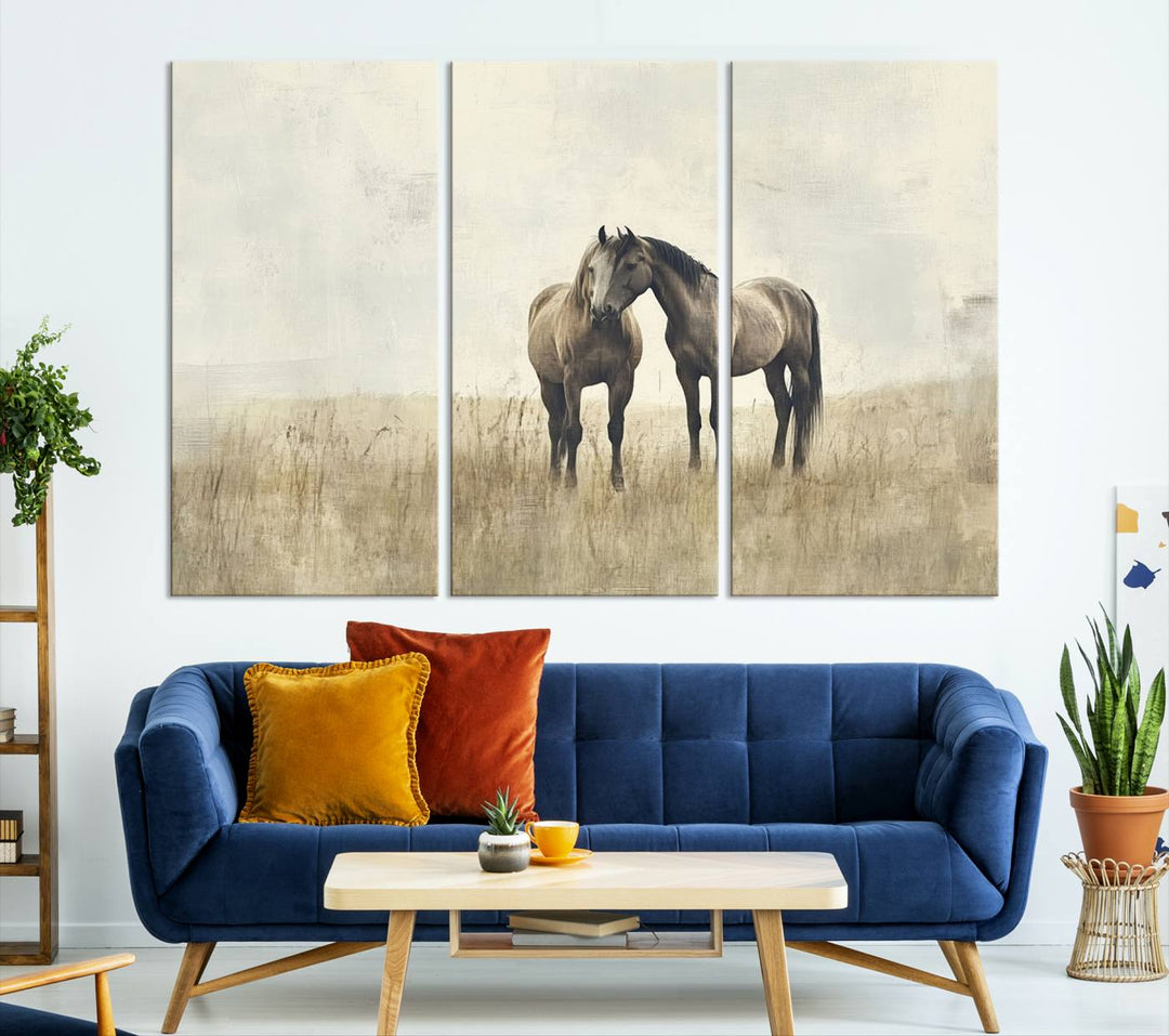 The Chinese Style Grunge Horses Wall Art Canvas Print, featuring a three-panel design of two horses in a misty field, is crafted on museum-quality canvas using high-resolution printing and hangs elegantly.