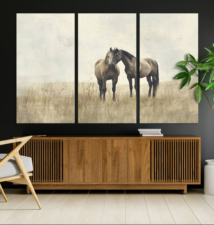 The Chinese Style Grunge Horses Wall Art Canvas Print, featuring a three-panel design of two horses in a misty field, is crafted on museum-quality canvas using high-resolution printing and hangs elegantly.