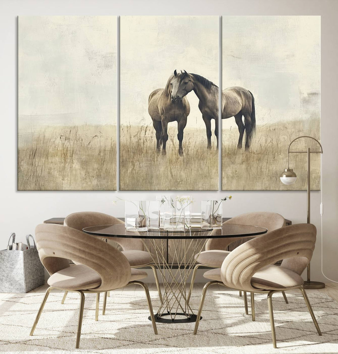 The Chinese Style Grunge Horses Wall Art Canvas Print, featuring a three-panel design of two horses in a misty field, is crafted on museum-quality canvas using high-resolution printing and hangs elegantly.