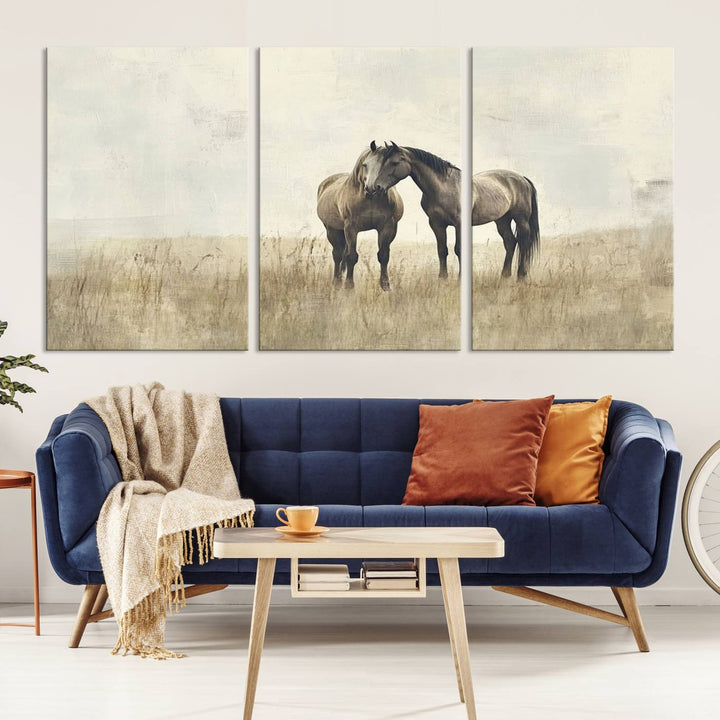 The Chinese Style Grunge Horses Wall Art Canvas Print, featuring a three-panel design of two horses in a misty field, is crafted on museum-quality canvas using high-resolution printing and hangs elegantly.