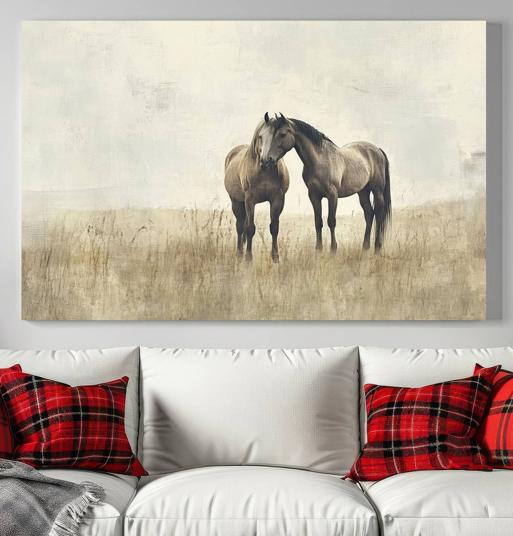 The Chinese Style Grunge Horses Wall Art Canvas Print, featuring a three-panel design of two horses in a misty field, is crafted on museum-quality canvas using high-resolution printing and hangs elegantly.