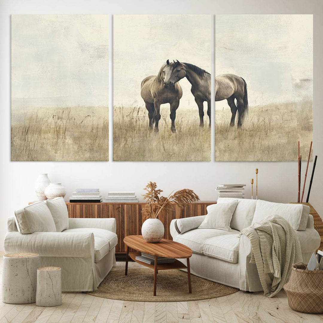 The Chinese Style Grunge Horses Wall Art Canvas Print, featuring a three-panel design of two horses in a misty field, is crafted on museum-quality canvas using high-resolution printing and hangs elegantly.