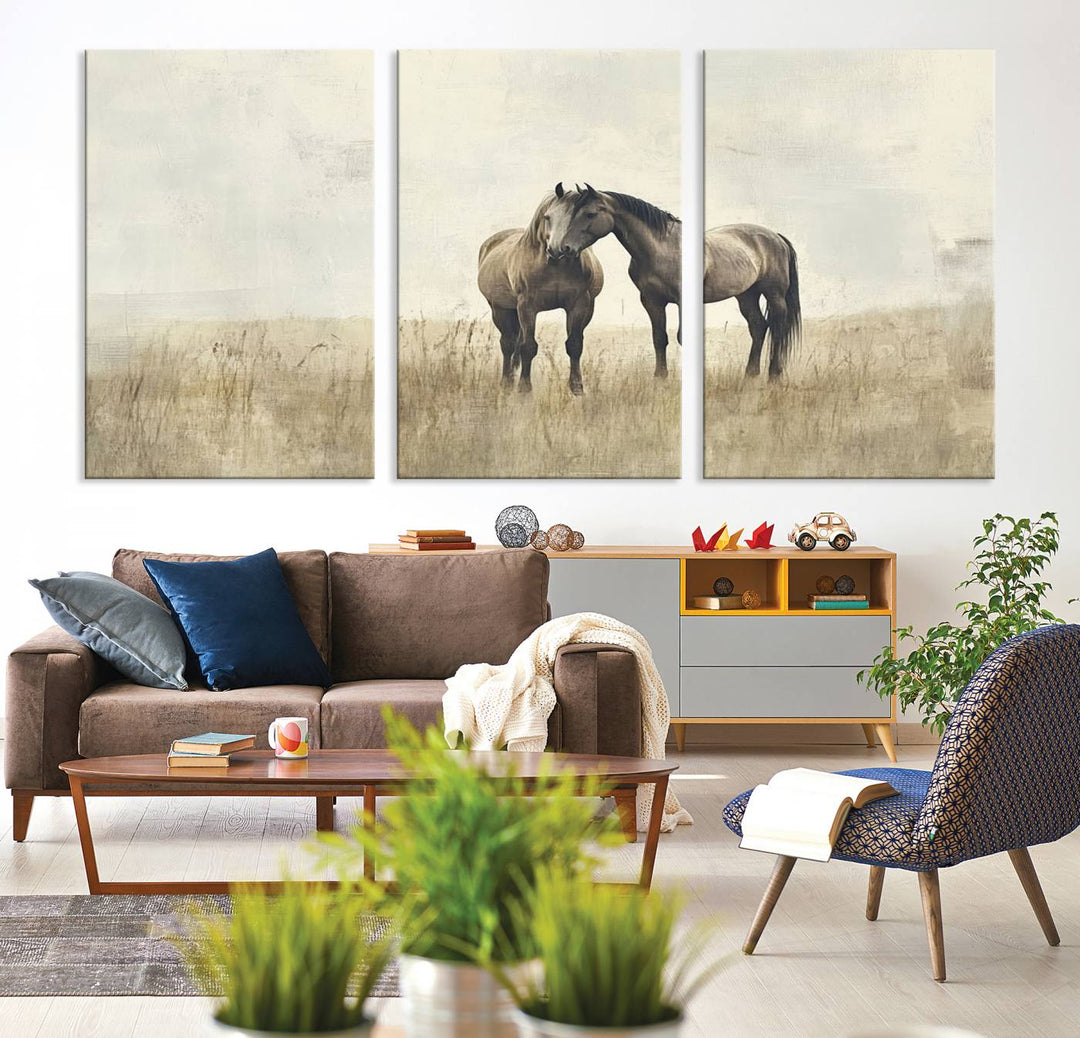 The Chinese Style Grunge Horses Wall Art Canvas Print, featuring a three-panel design of two horses in a misty field, is crafted on museum-quality canvas using high-resolution printing and hangs elegantly.