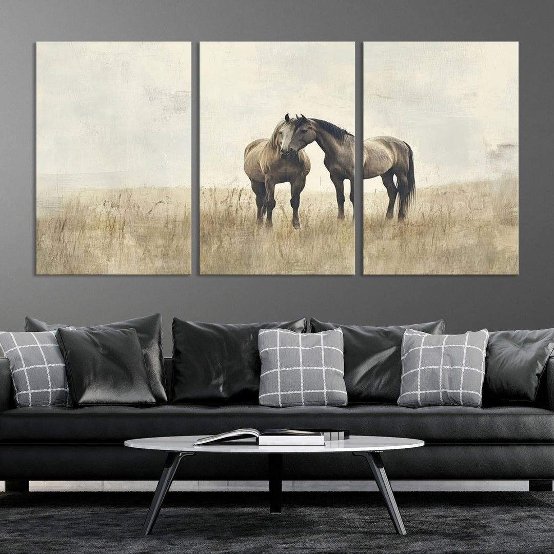 The Chinese Style Grunge Horses Wall Art Canvas Print, featuring a three-panel design of two horses in a misty field, is crafted on museum-quality canvas using high-resolution printing and hangs elegantly.