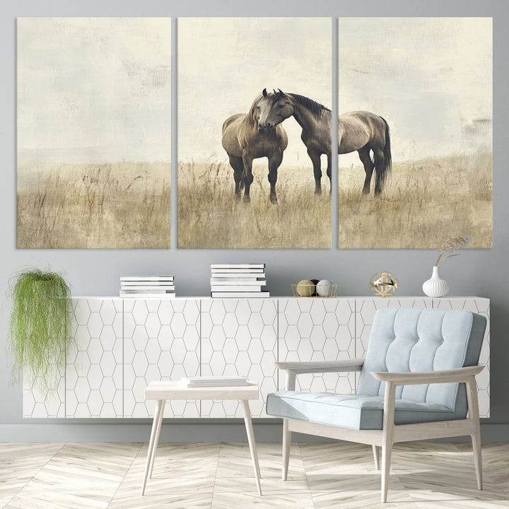 The Chinese Style Grunge Horses Wall Art Canvas Print, featuring a three-panel design of two horses in a misty field, is crafted on museum-quality canvas using high-resolution printing and hangs elegantly.