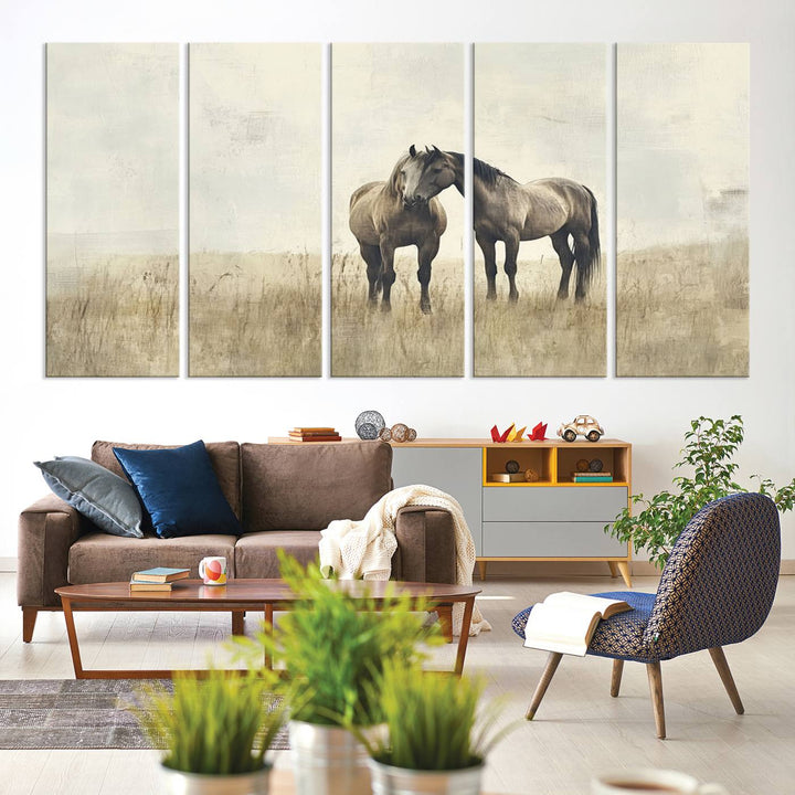 The Chinese Style Grunge Horses Wall Art Canvas Print, featuring a three-panel design of two horses in a misty field, is crafted on museum-quality canvas using high-resolution printing and hangs elegantly.