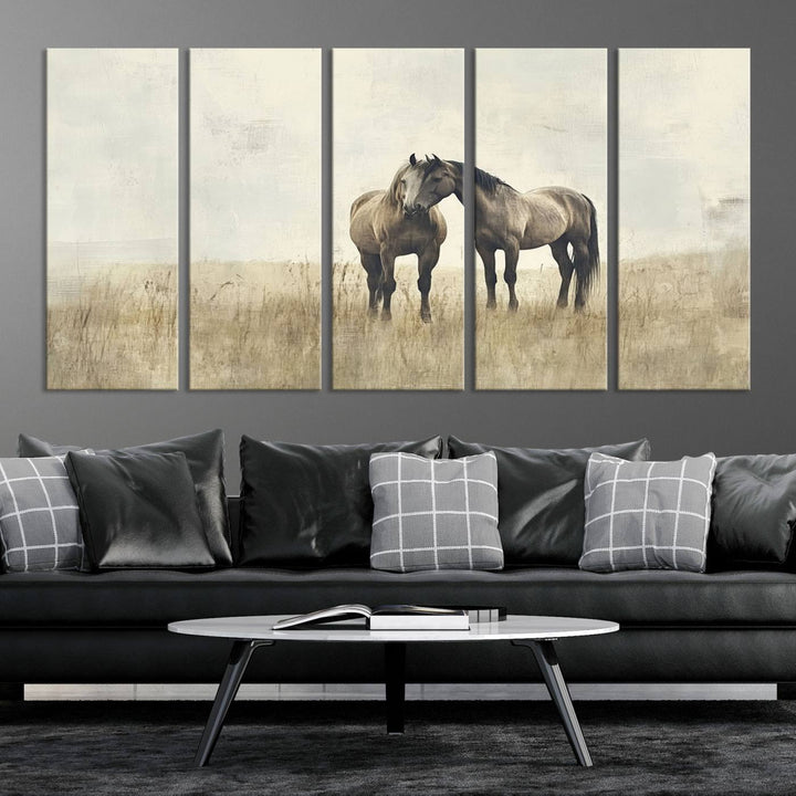 The Chinese Style Grunge Horses Wall Art Canvas Print, featuring a three-panel design of two horses in a misty field, is crafted on museum-quality canvas using high-resolution printing and hangs elegantly.