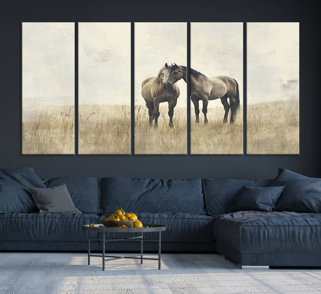 The Chinese Style Grunge Horses Wall Art Canvas Print, featuring a three-panel design of two horses in a misty field, is crafted on museum-quality canvas using high-resolution printing and hangs elegantly.