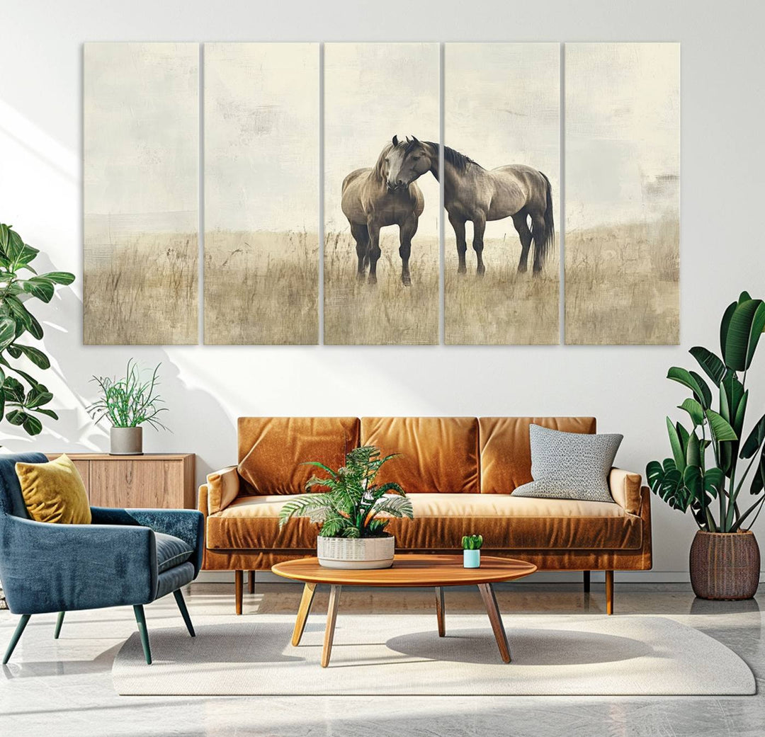 The Chinese Style Grunge Horses Wall Art Canvas Print, featuring a three-panel design of two horses in a misty field, is crafted on museum-quality canvas using high-resolution printing and hangs elegantly.