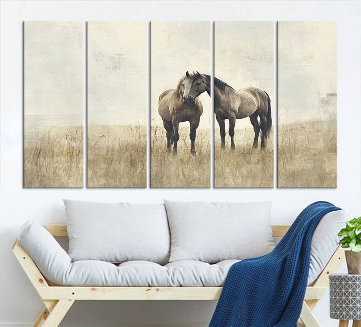 The Chinese Style Grunge Horses Wall Art Canvas Print, featuring a three-panel design of two horses in a misty field, is crafted on museum-quality canvas using high-resolution printing and hangs elegantly.