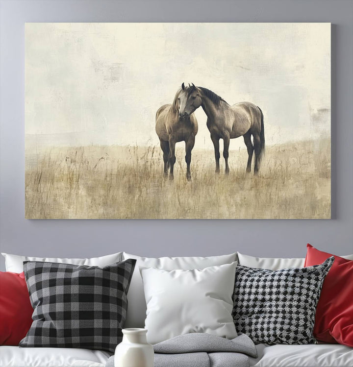 The Chinese Style Grunge Horses Wall Art Canvas Print, featuring a three-panel design of two horses in a misty field, is crafted on museum-quality canvas using high-resolution printing and hangs elegantly.