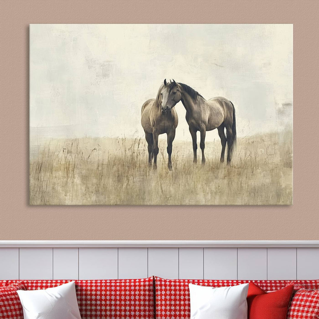 The Chinese Style Grunge Horses Wall Art Canvas Print, featuring a three-panel design of two horses in a misty field, is crafted on museum-quality canvas using high-resolution printing and hangs elegantly.