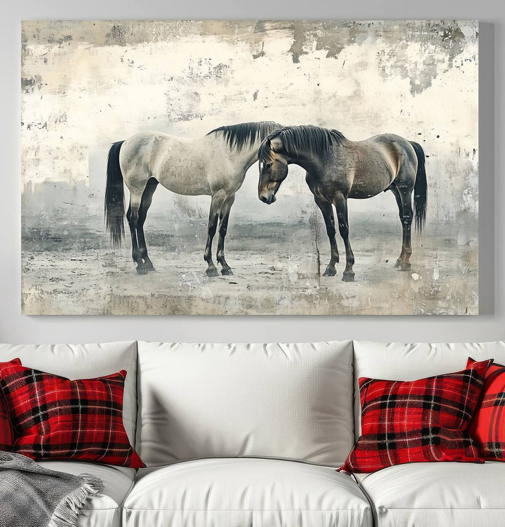 The Chinese Style Majestic Horses Wall Art, a framed triptych print featuring two horses touching noses, is elegantly displayed.