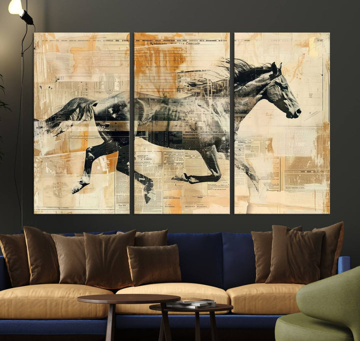 Chines Style Running Horse Western Wall Art | Farmhouse Wall Decor | Ready to Hang Framed Canvas Print | Vintage Abstract Style
