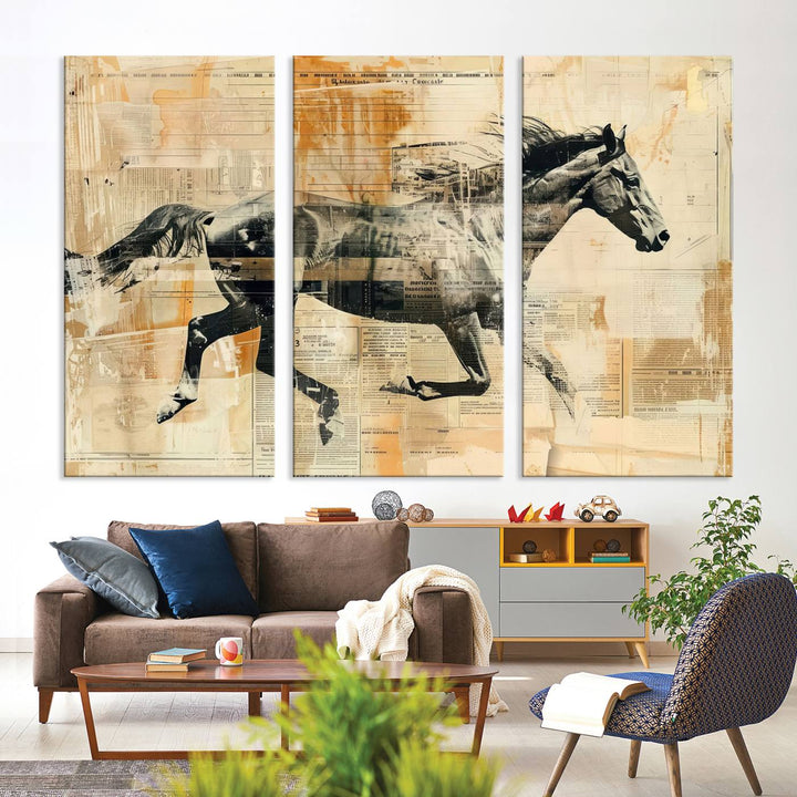 Chines Style Running Horse Western Wall Art | Farmhouse Wall Decor | Ready to Hang Framed Canvas Print | Vintage Abstract Style
