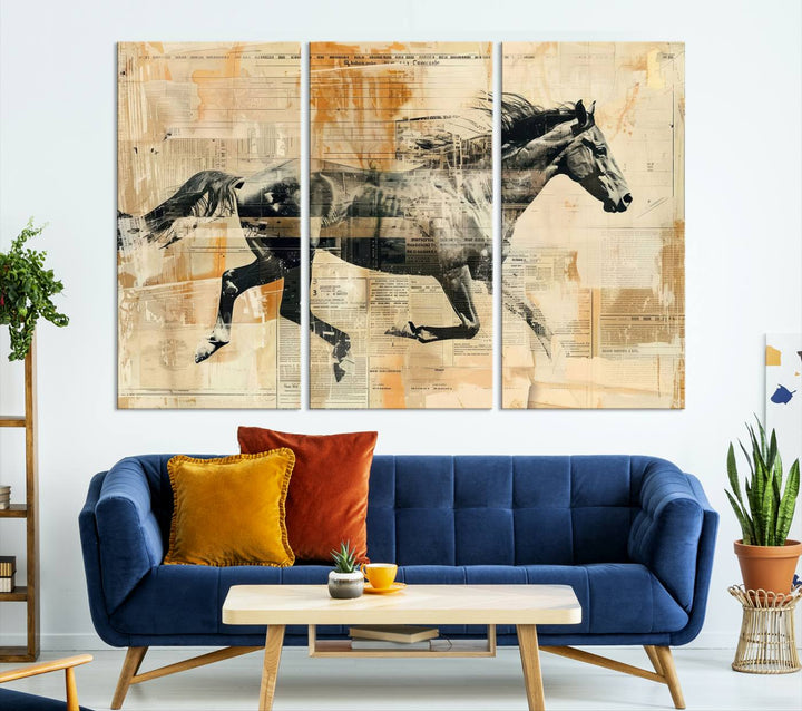 Chines Style Running Horse Western Wall Art | Farmhouse Wall Decor | Ready to Hang Framed Canvas Print | Vintage Abstract Style