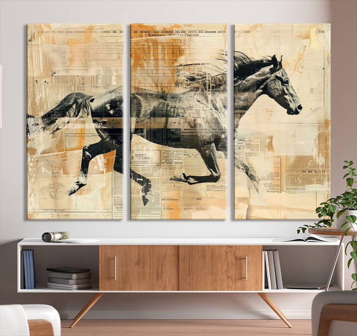 Chines Style Running Horse Western Wall Art | Farmhouse Wall Decor | Ready to Hang Framed Canvas Print | Vintage Abstract Style