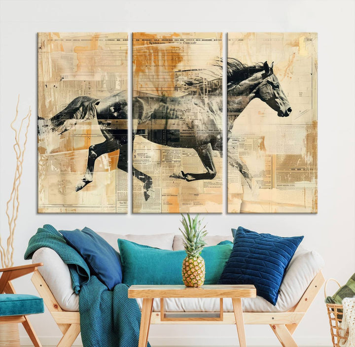 Chines Style Running Horse Western Wall Art | Farmhouse Wall Decor | Ready to Hang Framed Canvas Print | Vintage Abstract Style