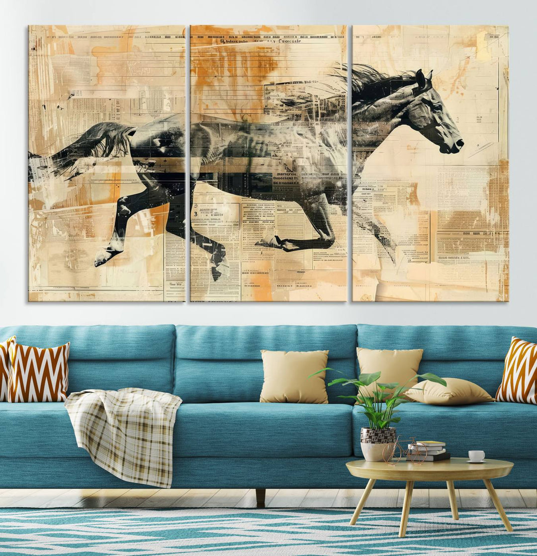 Chines Style Running Horse Western Wall Art | Farmhouse Wall Decor | Ready to Hang Framed Canvas Print | Vintage Abstract Style