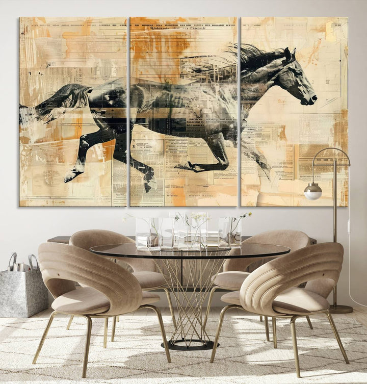 Chines Style Running Horse Western Wall Art | Farmhouse Wall Decor | Ready to Hang Framed Canvas Print | Vintage Abstract Style