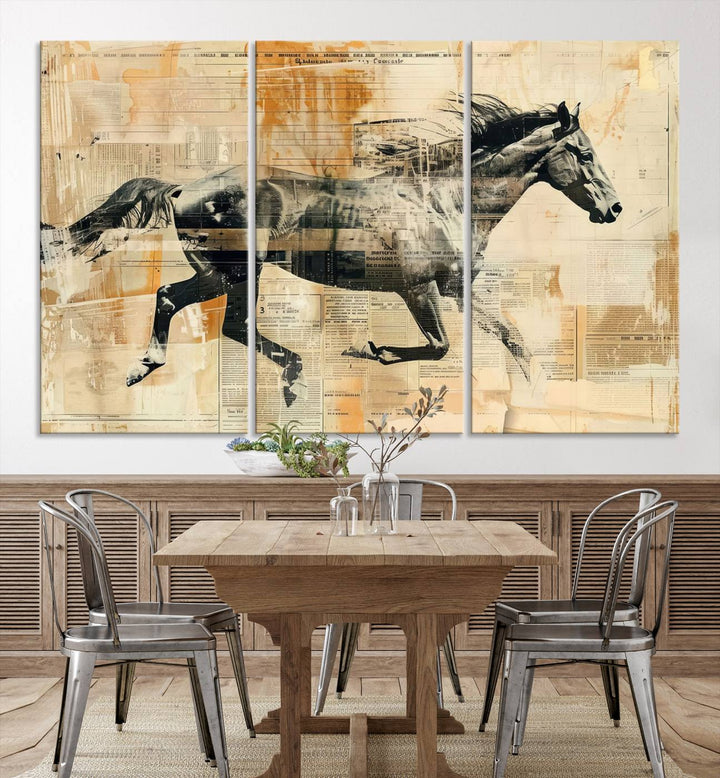 Chines Style Running Horse Western Wall Art | Farmhouse Wall Decor | Ready to Hang Framed Canvas Print | Vintage Abstract Style