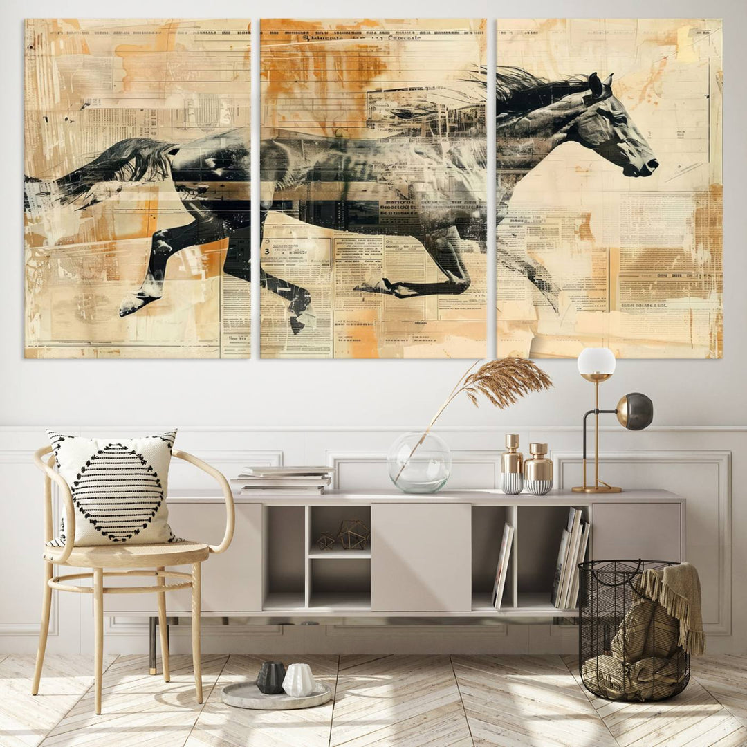 Chines Style Running Horse Western Wall Art | Farmhouse Wall Decor | Ready to Hang Framed Canvas Print | Vintage Abstract Style