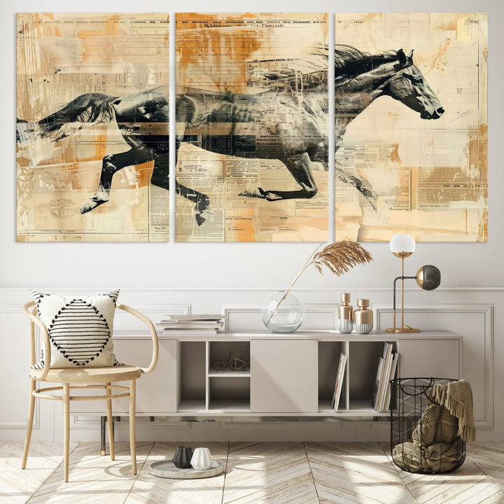 Chines Style Running Horse Western Wall Art | Farmhouse Wall Decor | Ready to Hang Framed Canvas Print | Vintage Abstract Style