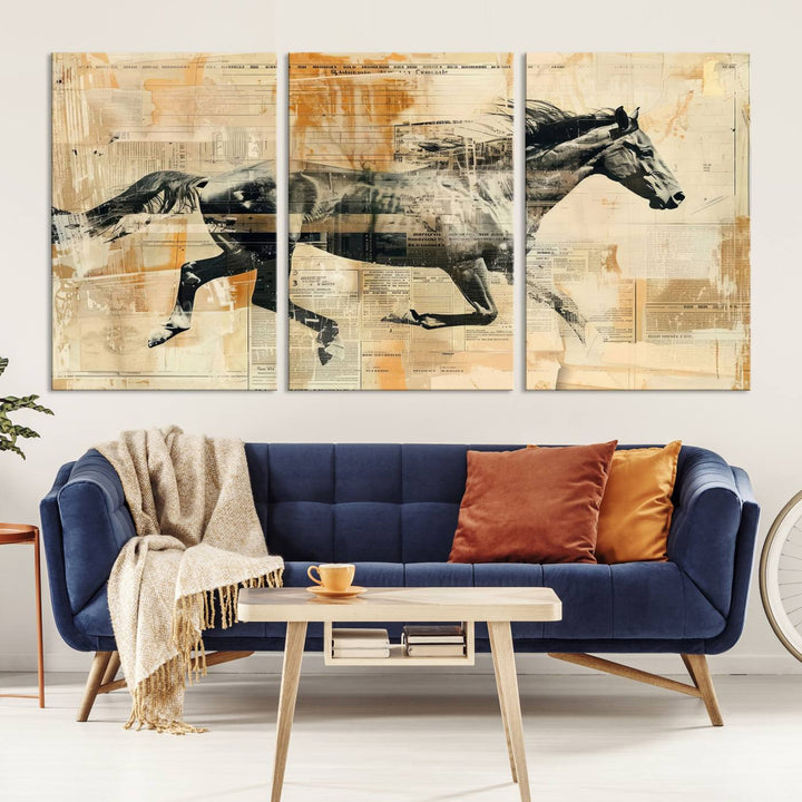 Chines Style Running Horse Western Wall Art | Farmhouse Wall Decor | Ready to Hang Framed Canvas Print | Vintage Abstract Style