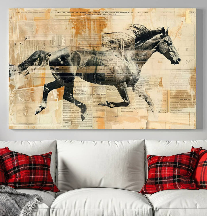 Chines Style Running Horse Western Wall Art | Farmhouse Wall Decor | Ready to Hang Framed Canvas Print | Vintage Abstract Style