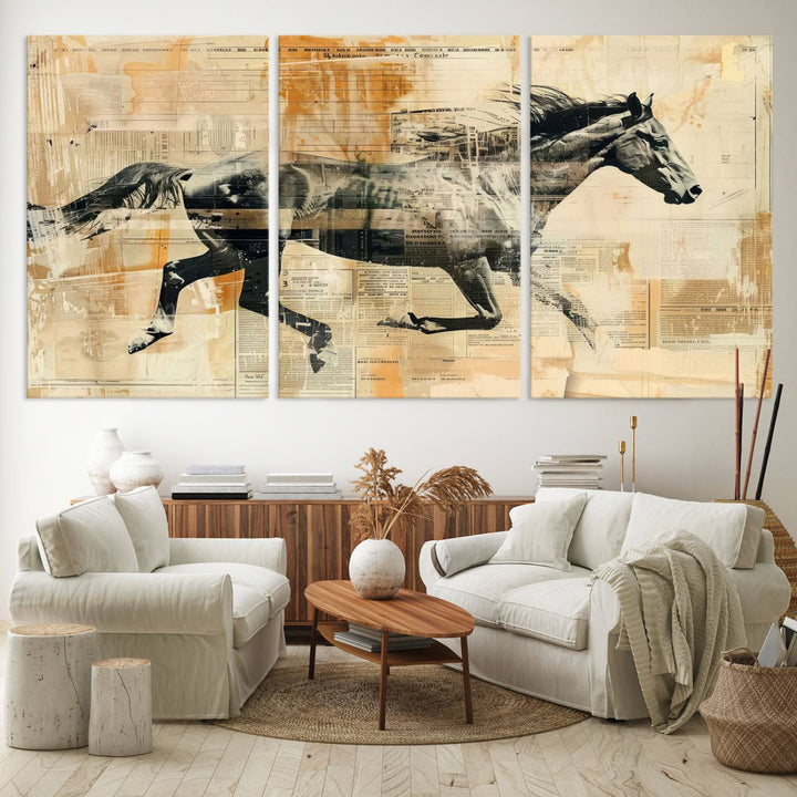 Chines Style Running Horse Western Wall Art | Farmhouse Wall Decor | Ready to Hang Framed Canvas Print | Vintage Abstract Style