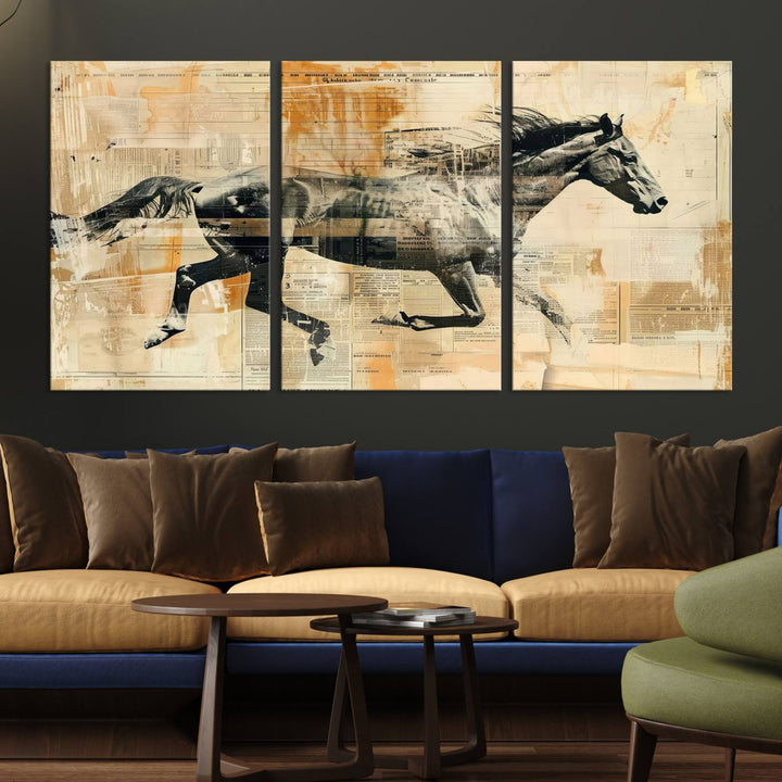Chines Style Running Horse Western Wall Art | Farmhouse Wall Decor | Ready to Hang Framed Canvas Print | Vintage Abstract Style