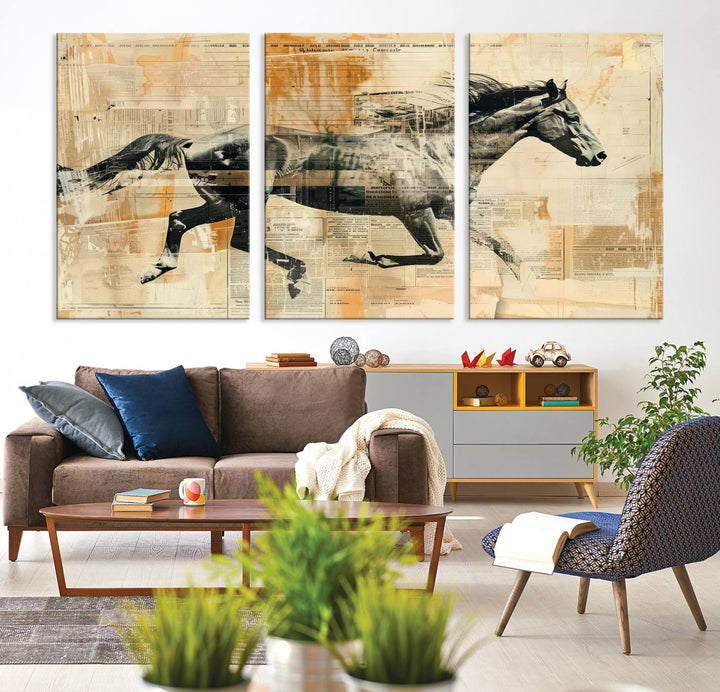 Chines Style Running Horse Western Wall Art | Farmhouse Wall Decor | Ready to Hang Framed Canvas Print | Vintage Abstract Style